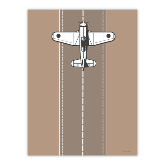 plakat med hvid propelfly på landingsbanen