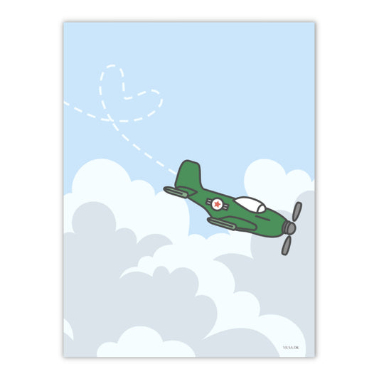 plakat med grøn flyvemaskine og et lille hjerte