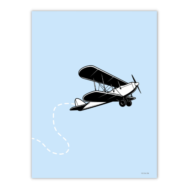blå plakat til drengeværelset med et propelfly højt på himlen