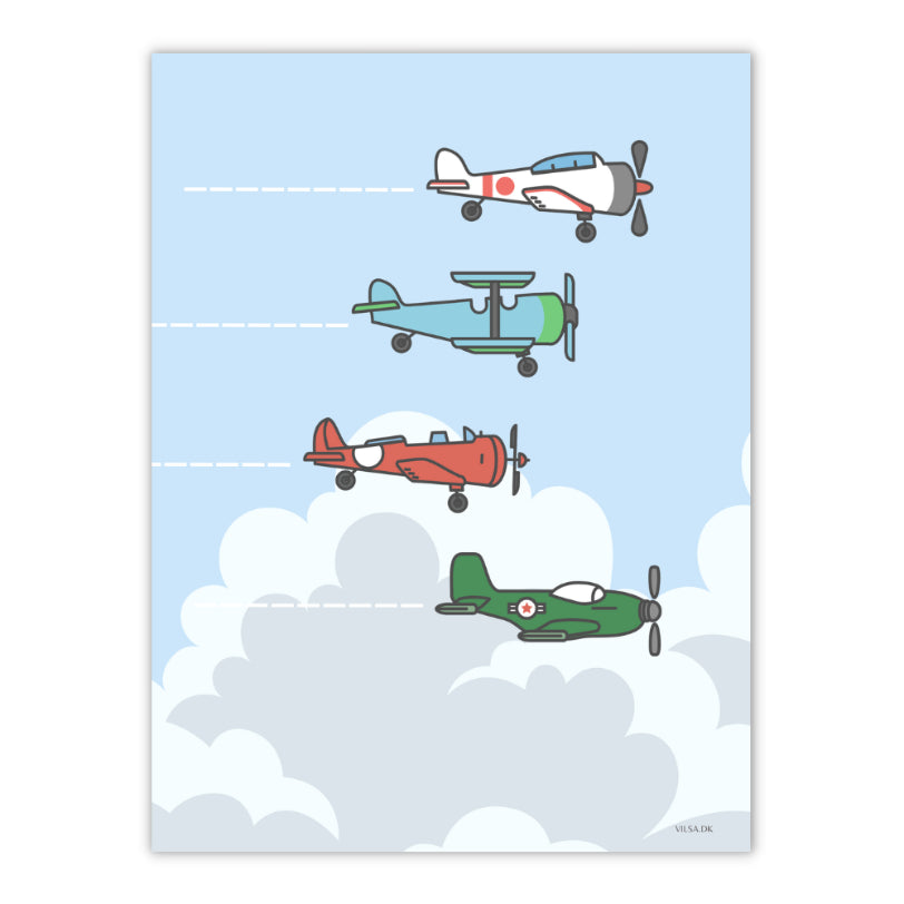 sej poster til børneværelset med 4 fly på en blå himmel.