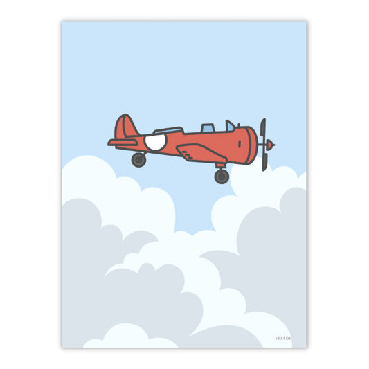 plakat til babyværelse med rød flyvemaskine på skyerne i himlen