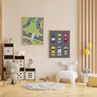 Plakat til børneværelset med parkeret biler og udrykningskøretøjer