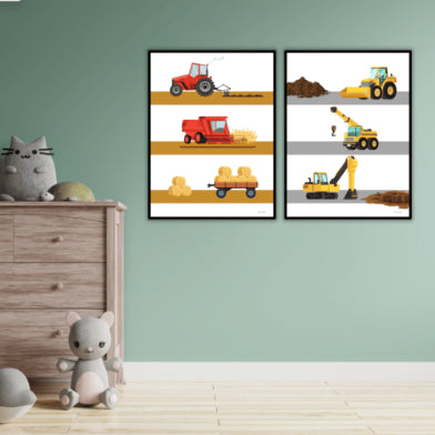 plakater på drengeværelse på grøn væg med maskiner og kranbil og gravko