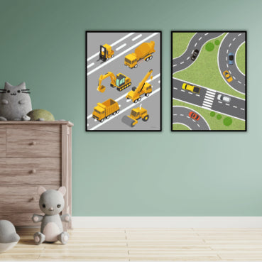 plakatvæg med maskiner på grøn væg på drengeværelse