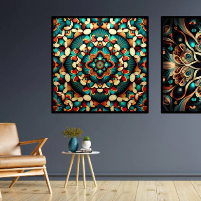 Kalaidoskop kvadratisk plakatvæg til stuen eller til soveværelset i orange, blå og hvide farver på en grå væg