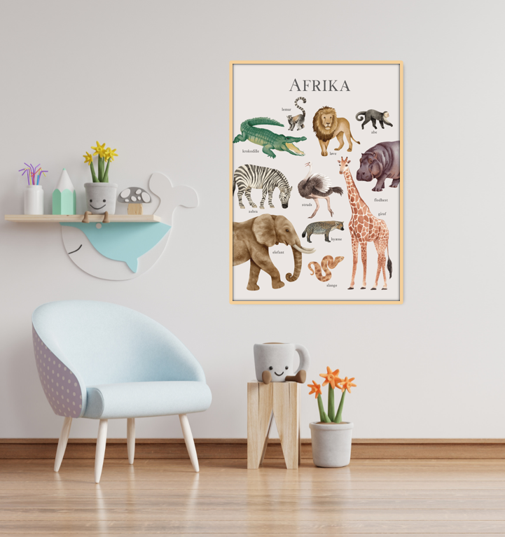 Plakat med oversigt over dyr i Afrika
