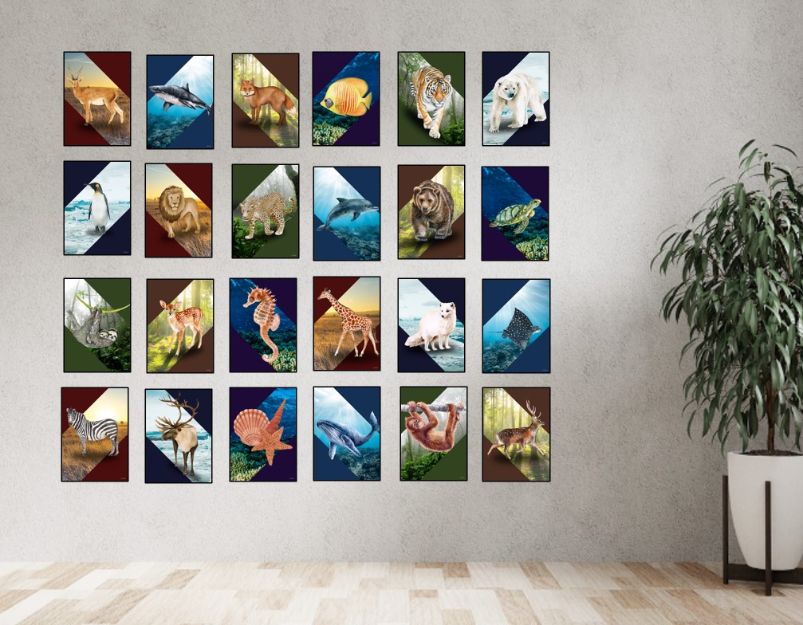 plakatvæg med dyr med grafisk baggrund til børneværelset eller stuen