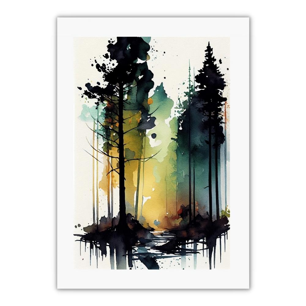 plakat af akvarel træer med gul og grøn faded baggrund til stuen eller soveværelset