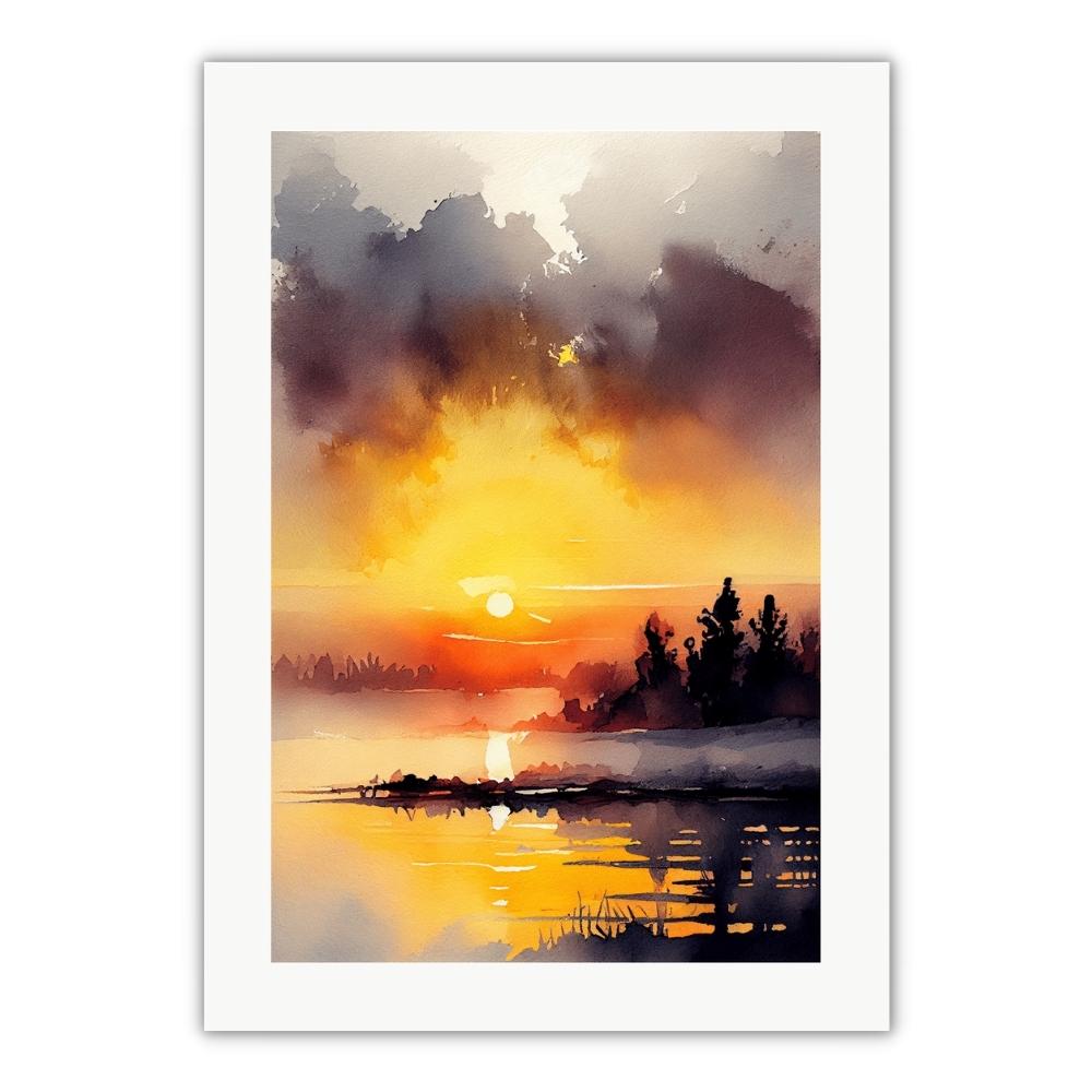 plakat med Solopgang over sø og diset skov i smukke akvarel farver som gul og orange til soveværelset