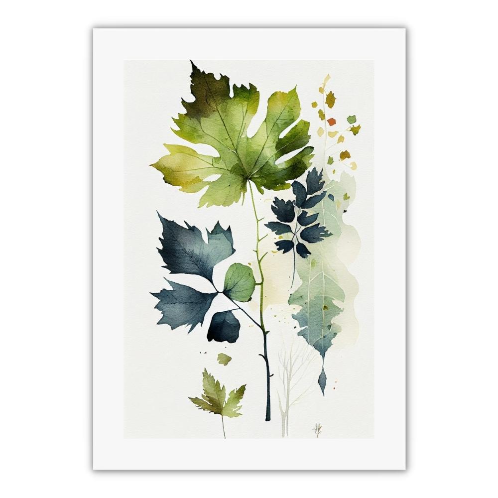 plakat med blade i akvarel stil. Farverne på plakaten er grønne og blå og den passer godt i soveværelse eller stuen eller en plakatvæg i et moderne hjem