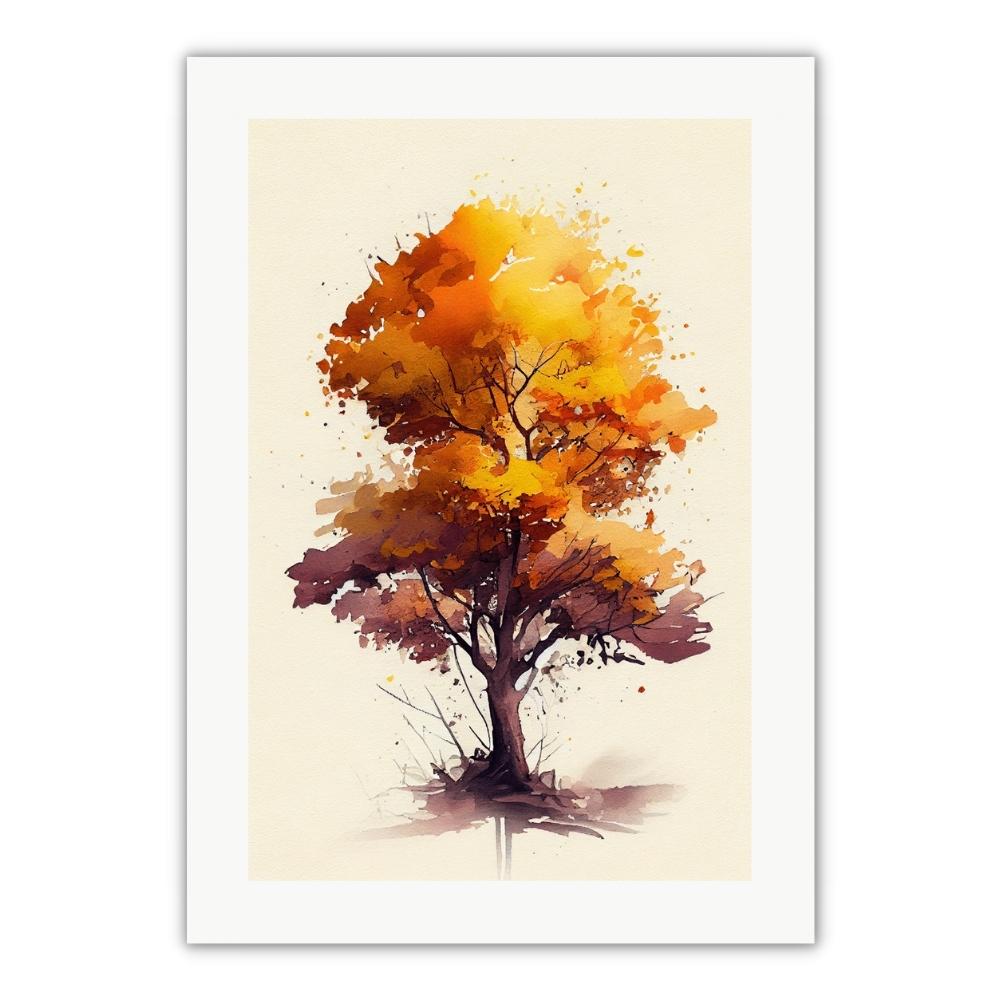 plakat med akvarel stil der viser et gult træ. plakat til stuen, plakat til soveværelset, plakat til kontoret, plakatvæg