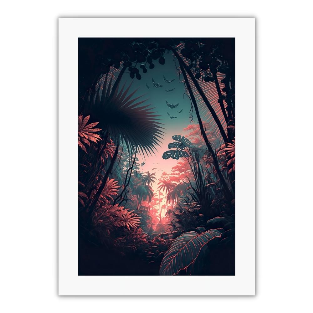 plakat med jungle illustration. bananblade, blade i røde og grønne farver med palser og jungle træer. plakat til stue eller soveværelse