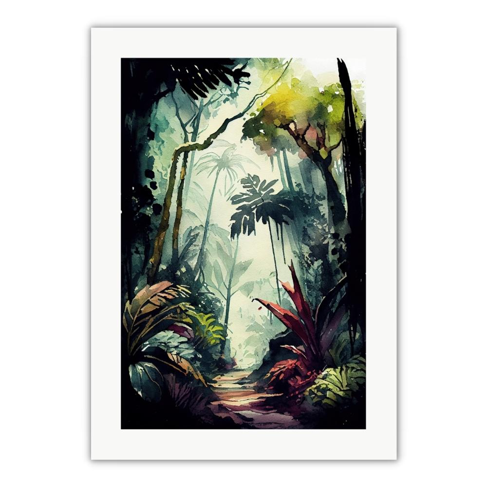 plakat med jungle i flotte akvarel farver. grønne og røde farver flyder sammen. god plakat til stuen eller soveværelset