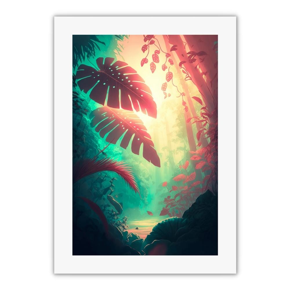 plakaten viser en fantasifuld jungle med røde blade på en gul og grøn baggrund