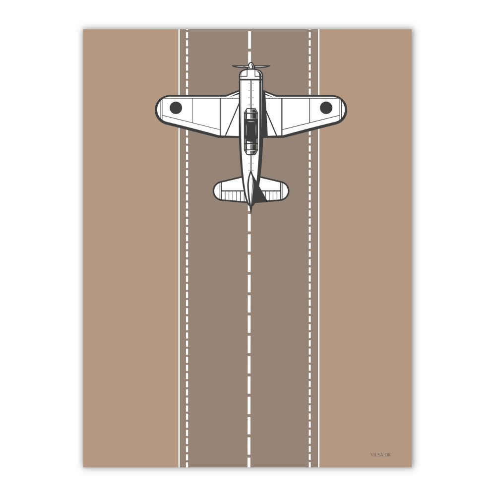 plakat med hvid propelfly på landingsbanen
