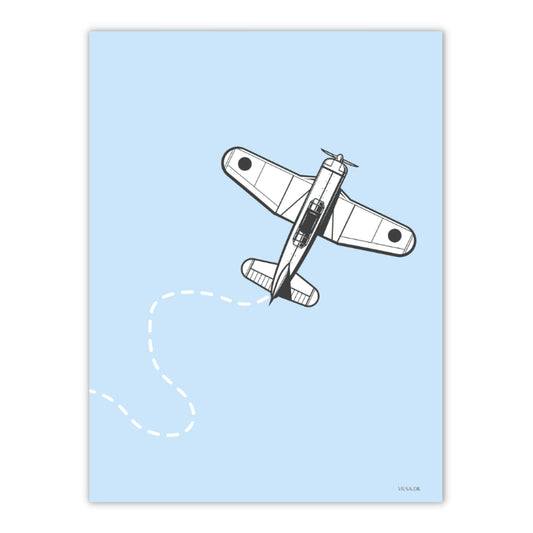 blå plakat til børneværelset med et propelfly der flyver højt på himmelen