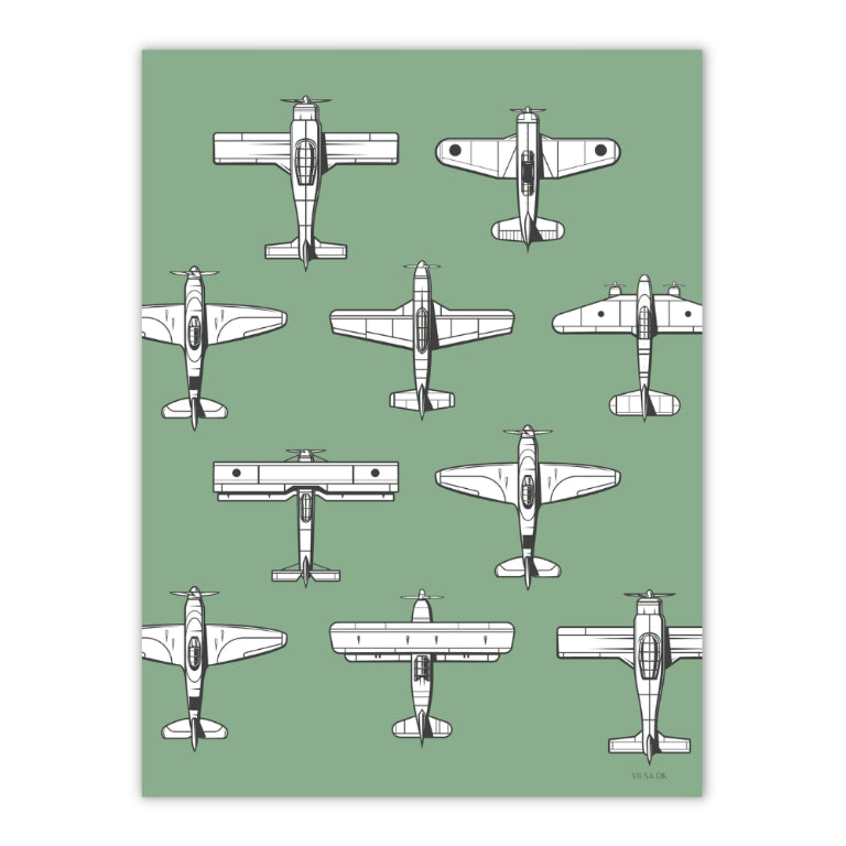 grøn plakat til drengeværelset med fly på lange rækker