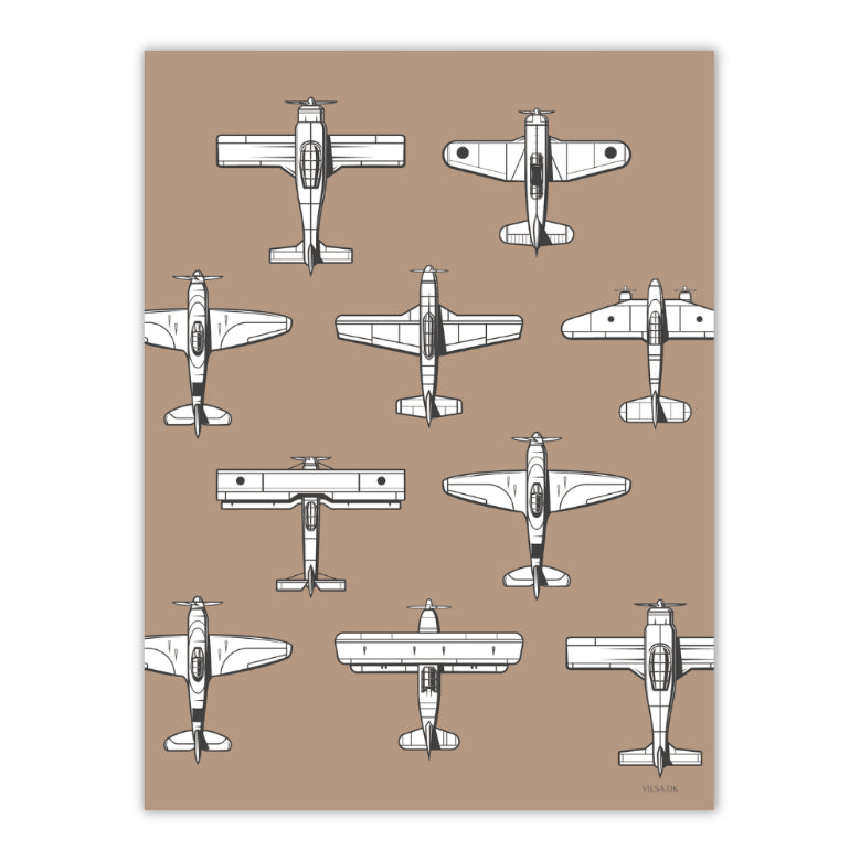Mange propelfly på en rustrød plakar til drengeværelset eller pigeværelset