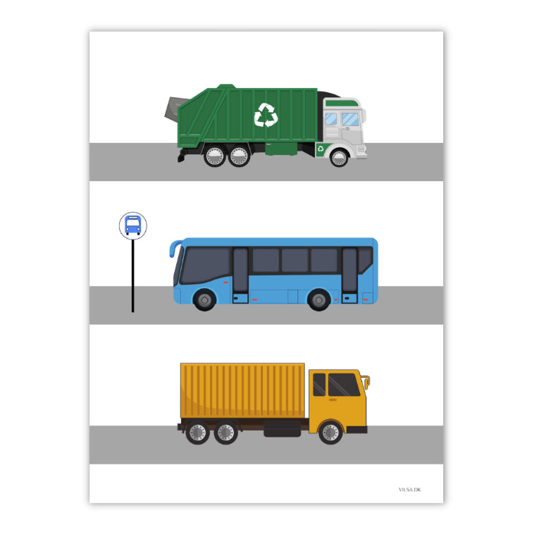 plakat til drengeværelset med grøn skraldebil, blå bus og gul lastbil. Plakaten har en hvid baggrund