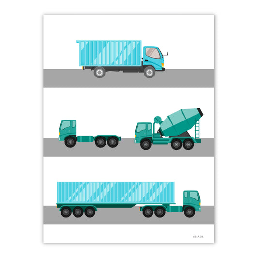 plakat med blå lastbiler til drengeværelser. plakater med maskiner