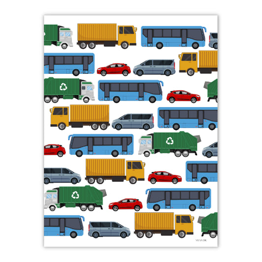 Farverig plakat til drengeværelse med myldretrafik. på plakaten er gul lastbil, blå busser, røde biler og varevogne