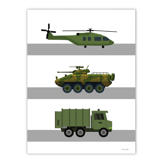 plakat til børn med militær tema og køretøjer. plakaten har en militær helikopter, tank og lastvogn. alle køretøjer er grønne og baggrunden er lys grå