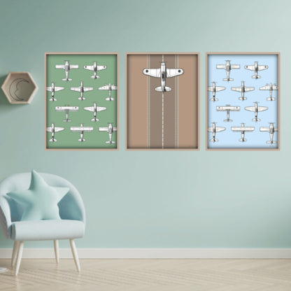 moderne plakatvæg på et blåt drengeværelse med fly