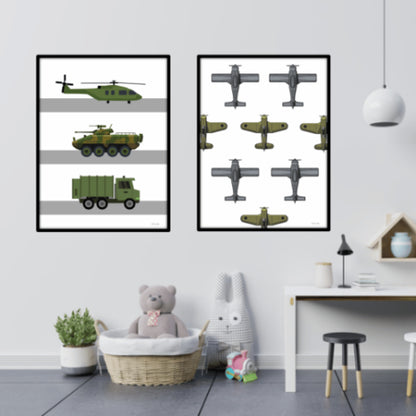 militær køretøjer og militærfly på en sej plakatvæg på børneværelset