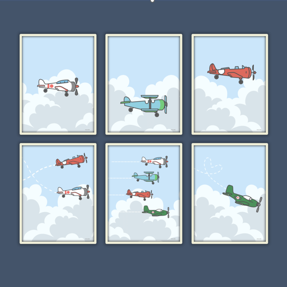 plakatvæg på børneværelse med fly i forskellige farver