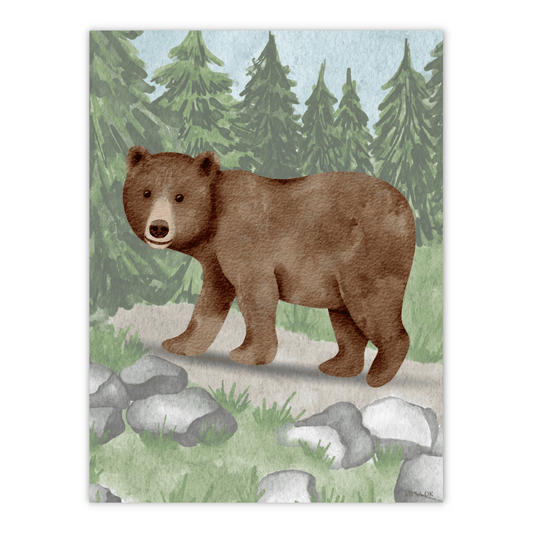 Plakat med bjørn i skoven til børneværelset