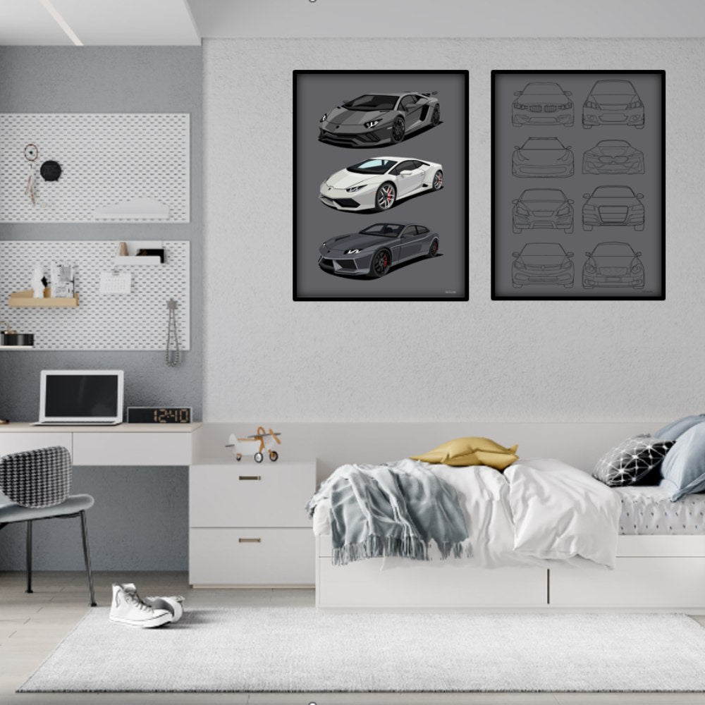 teenageværelse med plakater med biler i grå farver. smarte biler