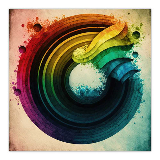 kvadratisk abstract plakat til stuen med regnbue motiv. retro farver i cirkel 