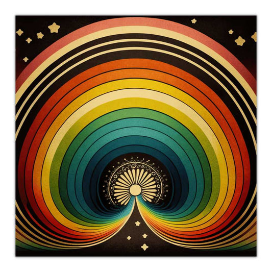 kvadratisk farverig poster med retro farver og regnbue motiv i størrelse 50x50 cm.