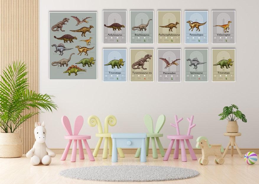 Alle dinosaurplakaterne på en plakatvæg på pigeværelse