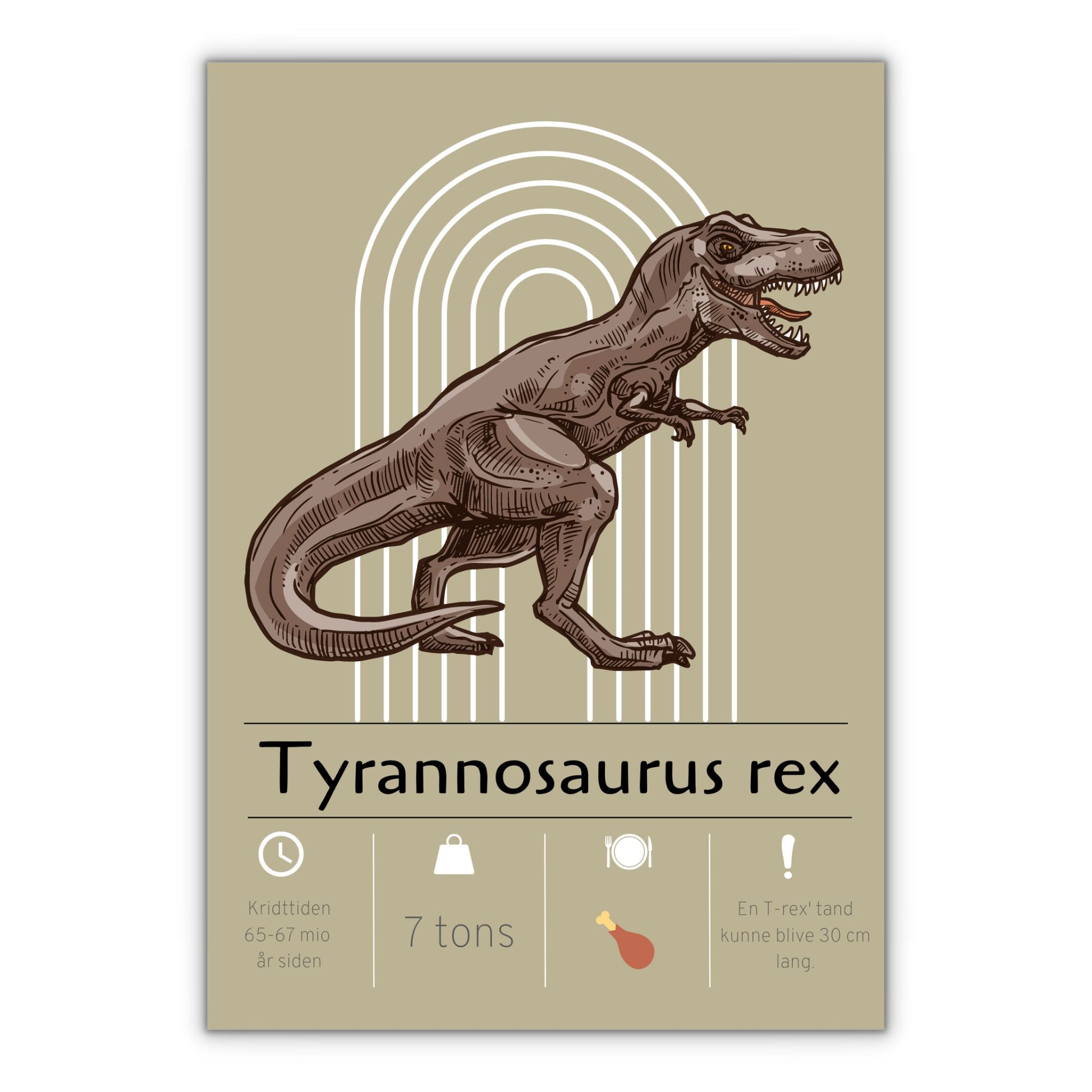 Sej plakat med T-rex dinosaur til børneværelset med gul baggrund