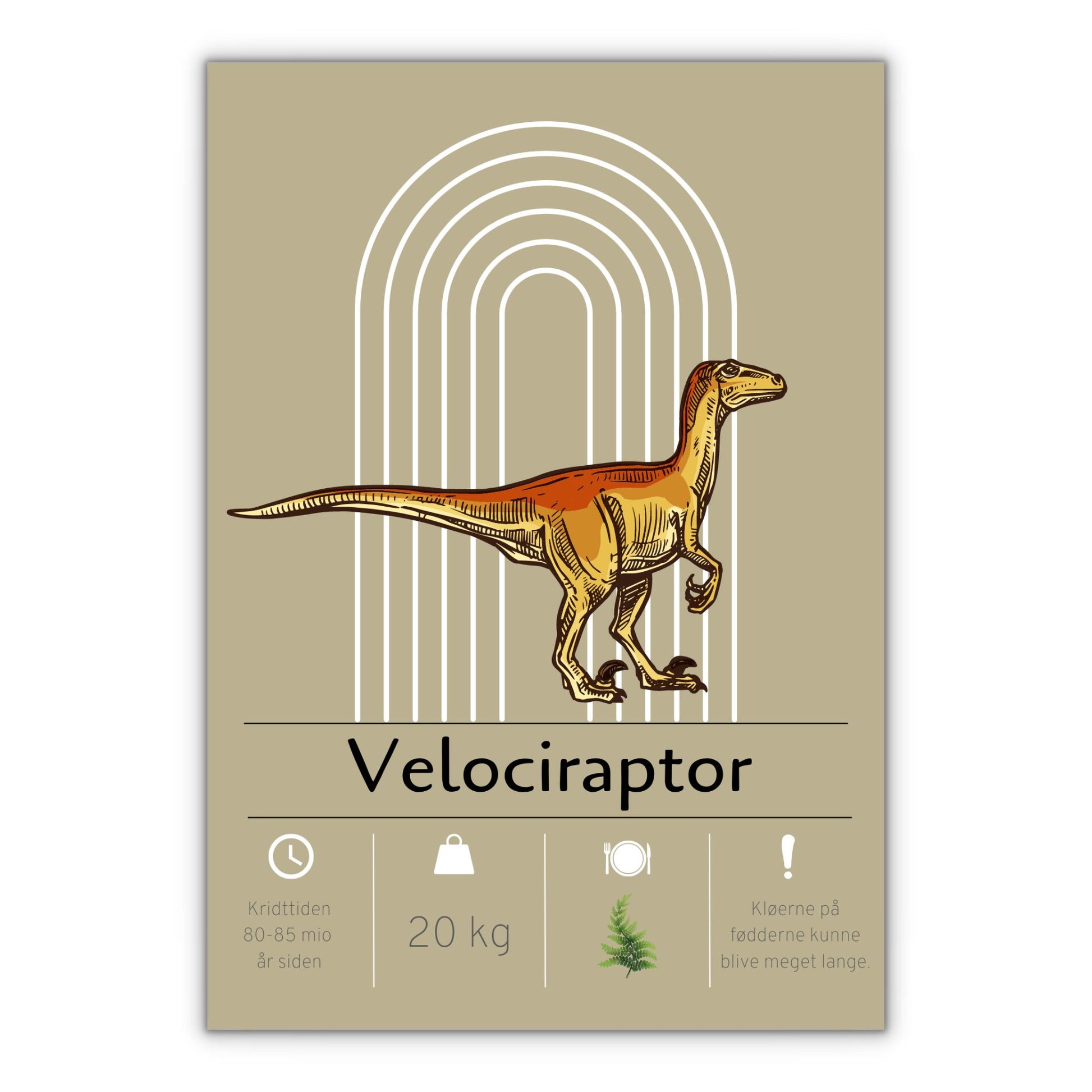 Velociraptor dinosaur plakat med gul baggrund til børneværelset