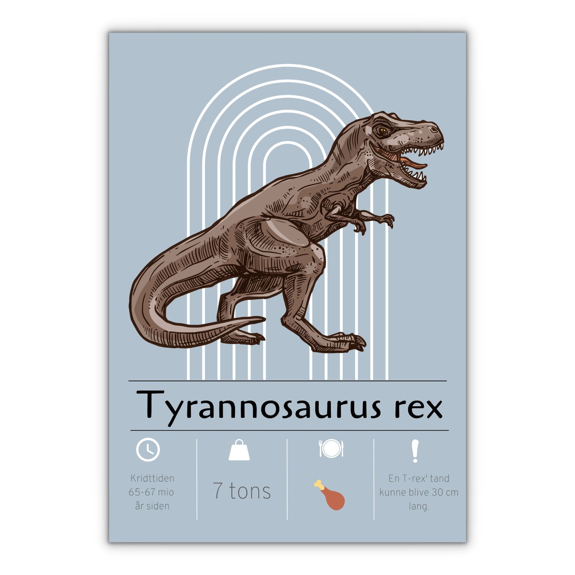 Sej plakat med T-rex dinosaur til børneværelset med blå baggrund