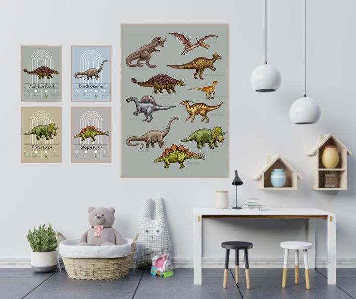 plakatvæg på drengeværelse med dinosaurer