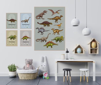 plakatvæg med dinosaurplakater til børneværelse indretning