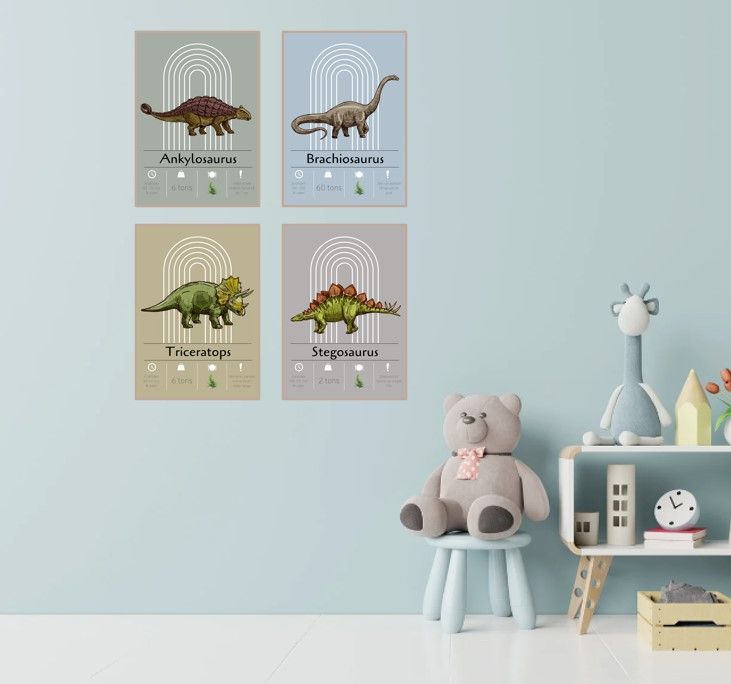 blandet farver dinosaur plakater på børneværelse