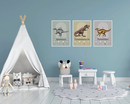 Drengeværelse med plakatvæg med dinosaurer