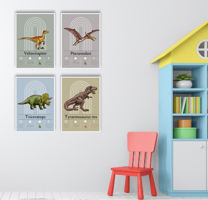 4 dinosaurplakater på farverigt børneværelse