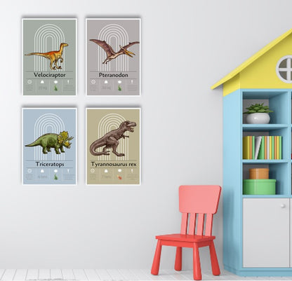 4 farverige plakater på pigeværelse med dinosaurer