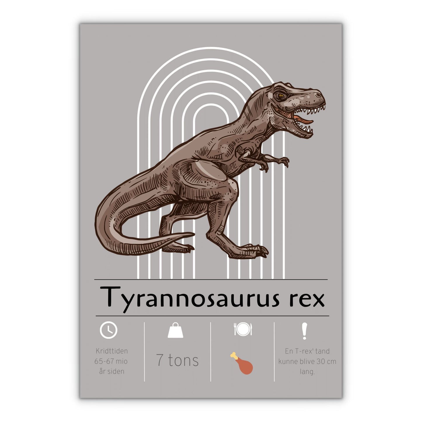 Sej plakat med T-rex dinosaur til børneværelset med grå baggrund