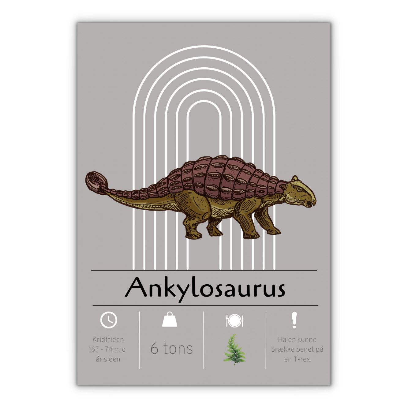 Dinosaur plakat til børneværelset grå baggrund ankylosaurus