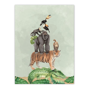 plakat med tiger, krokodille, gorilla, abe, fugle til børneværelset