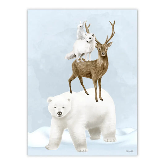 plakat til børn med dyr. på plakaten ses polarræv, isbjørn, rensdyr og snehare stablet. 