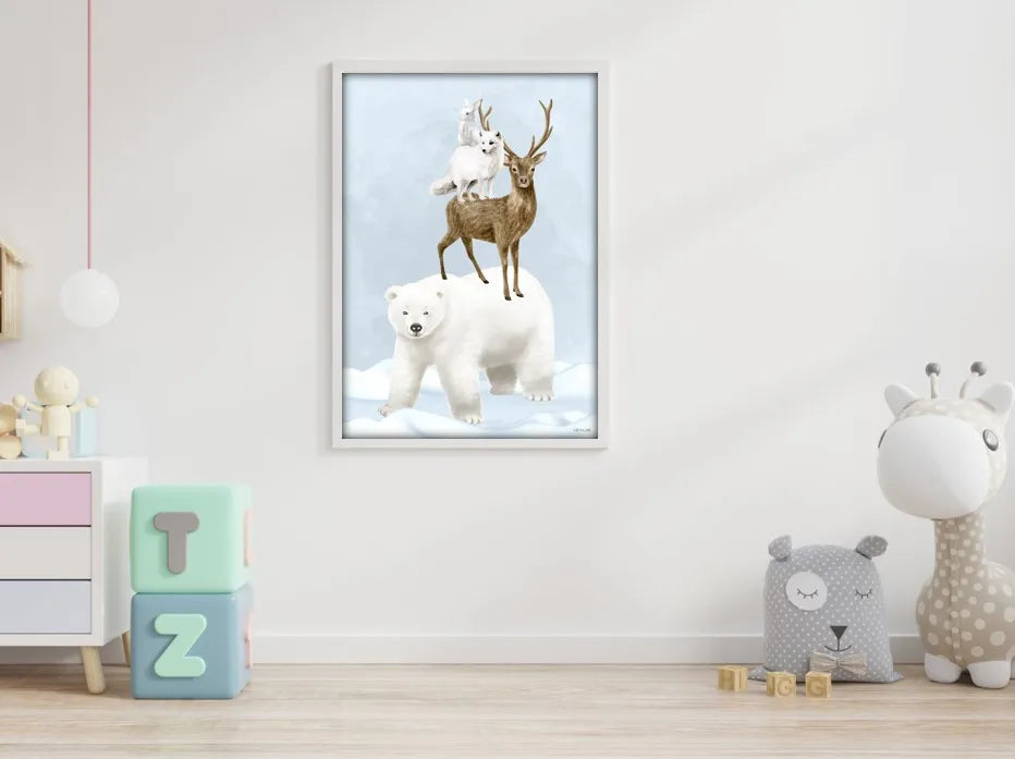 blå plakat til børneværelse med polar dyr. plakaten fås i alle størrelser op til 100x140 cm
