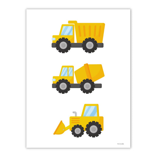 hvid plakat til drengeværelse med gravko, lastvog, og cementblander. maskinerne på plakaten er gule og baggrunden er hvid