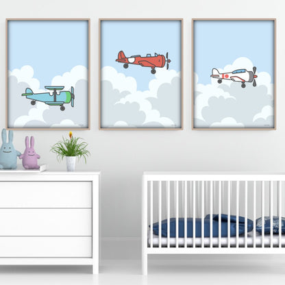 plakatvæg til børneværelse med flyvemaskine i rød, grøn og hvid